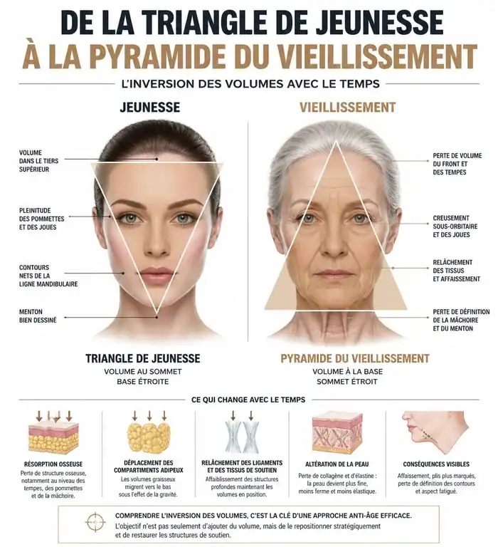Infographie illustrant le vieillissement de l'ovale du visage et la pyramide du vieillissement avant après