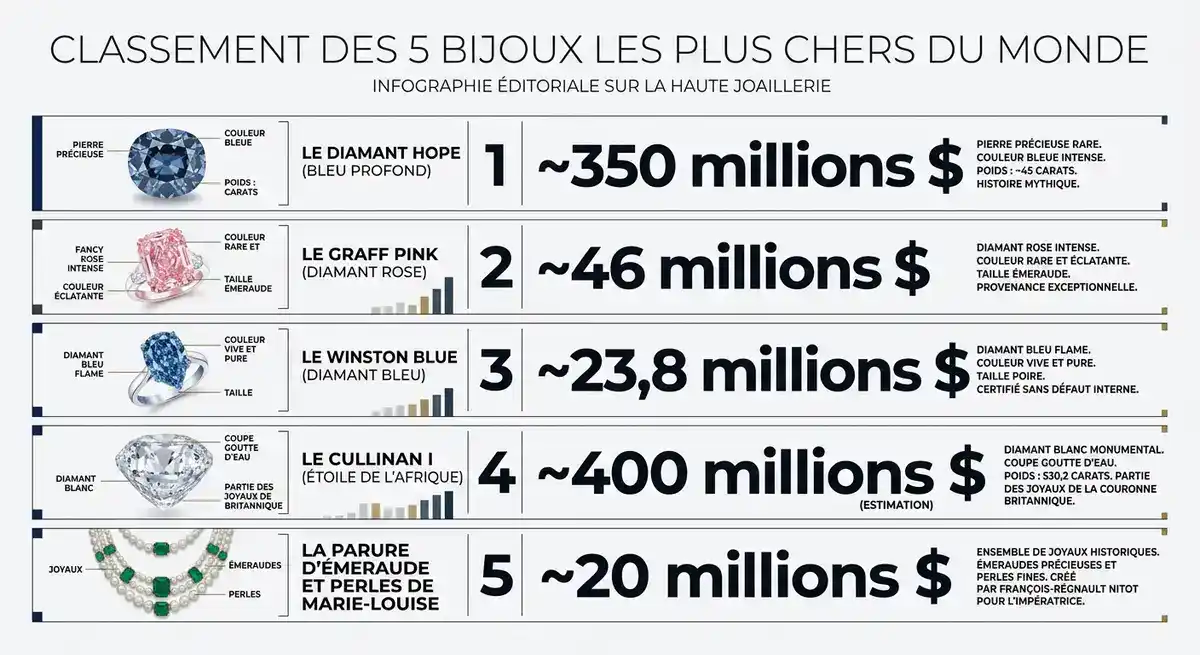 Infographie comparative des 5 bijoux les plus chers au monde et leur valeur estimée