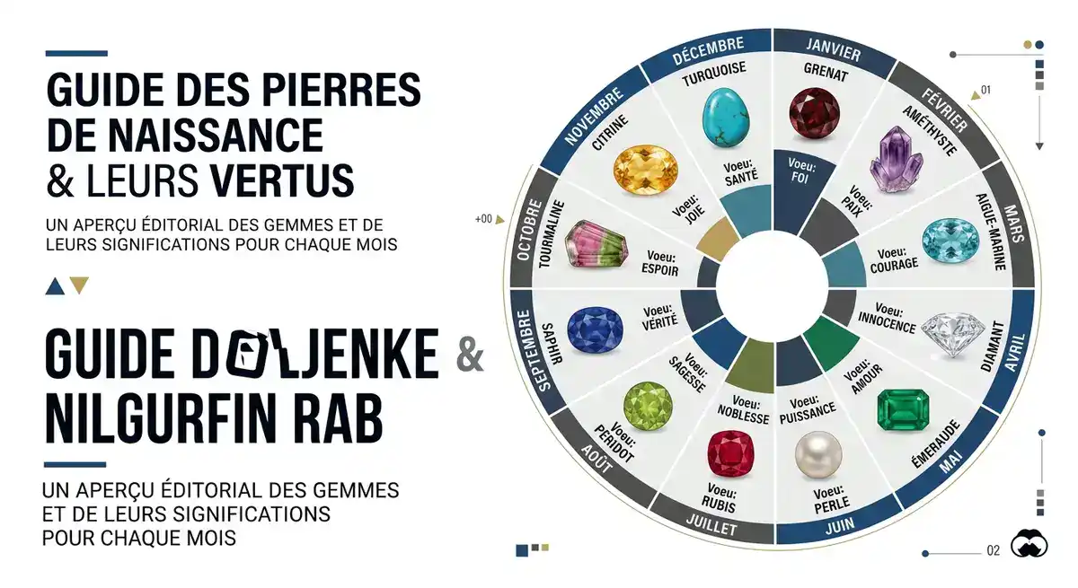 Infographie des pierres de naissance par mois et leurs vertus