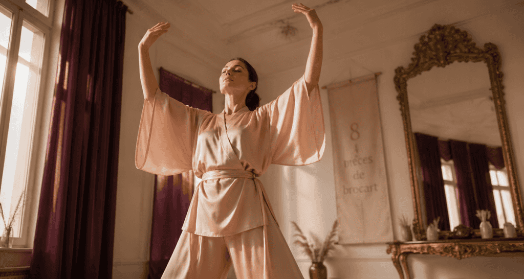 Les 8 postures du qi gong Soutenir le ciel femme bras levés