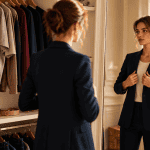 Femme bien habillée ajuste un blazer devant miroir