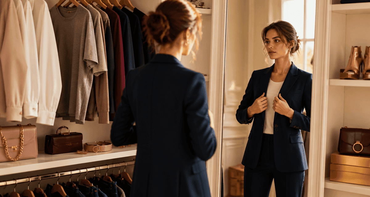 Femme bien habillée ajuste un blazer devant miroir