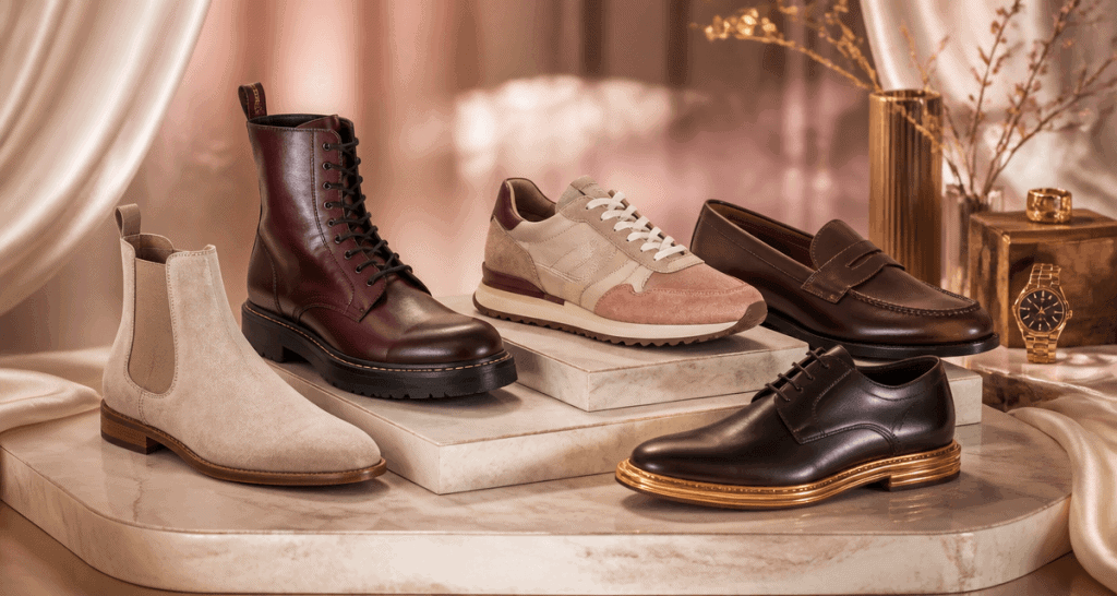 chaussure homme tendance 2025 sur podium marbre accessoires luxe