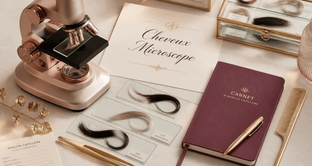 cheveux microscope sur table élégante avec mèches et outils