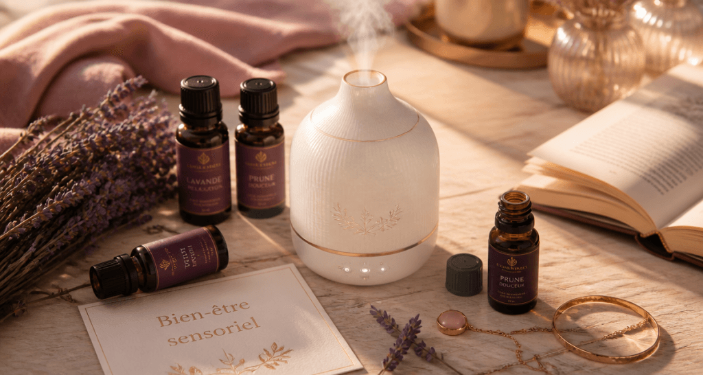 diffuseur humidificateur huile essentielle en céramique ivoire sur table