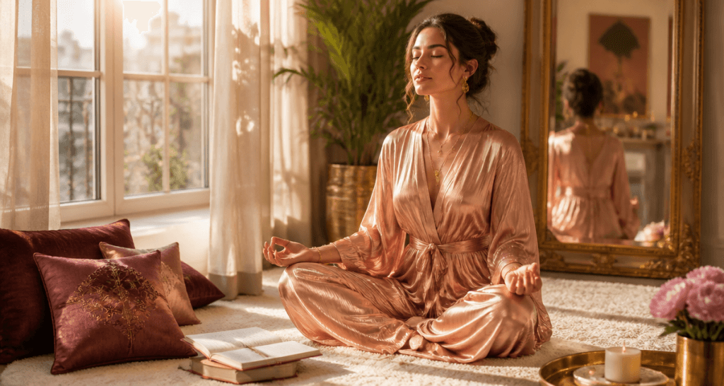 Elevation spirituelle femme méditant intérieur luxe
