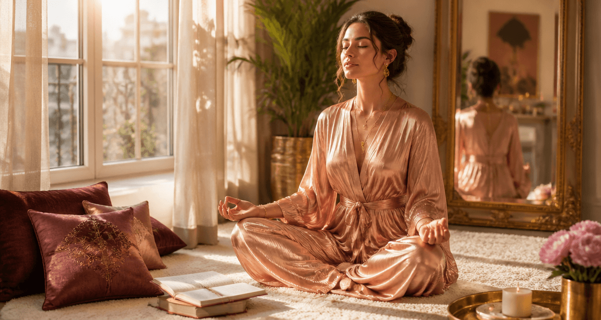 Elevation spirituelle femme méditant intérieur luxe