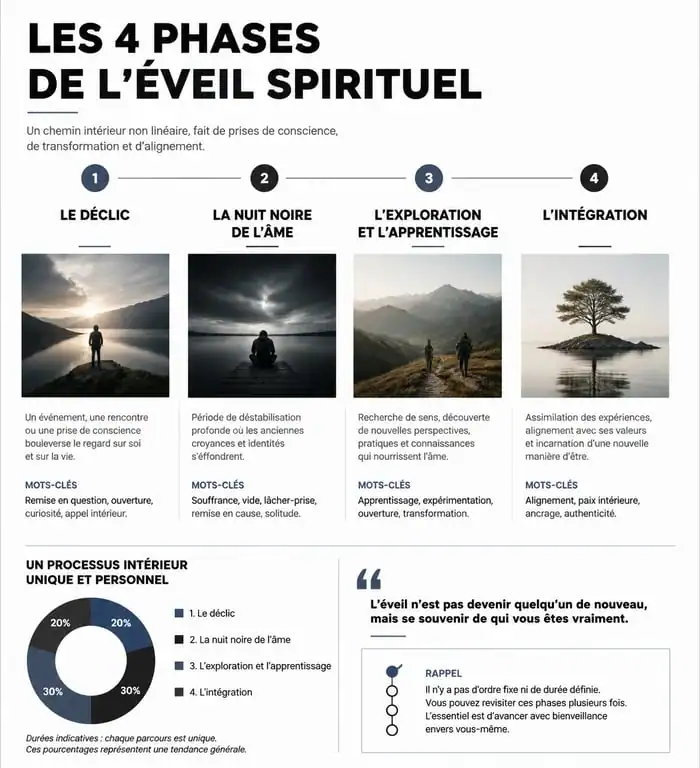 Infographie des étapes de l'éveil spirituel : durée et manifestations