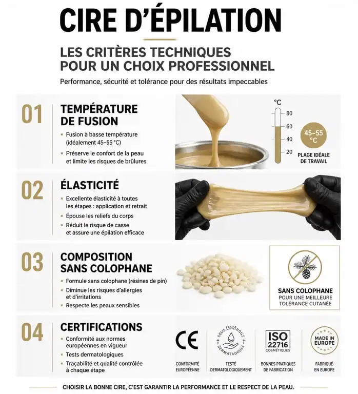 Infographie des critères techniques pour la meilleure cire épilation professionnelle
