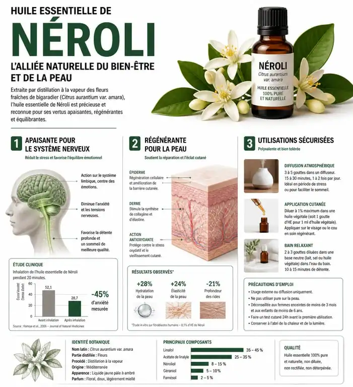 Infographie des bienfaits et propriétés de l'huile essentielle de fleur d'oranger Néroli