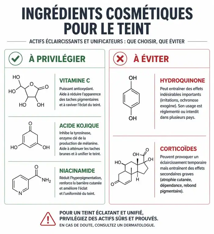 Infographie comparative des ingrédients pour la meilleure crème éclaircissante pour visage : actifs recommandés versus substances dangereuses.