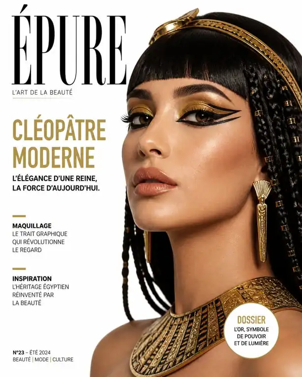 Maquillage Cléopâtre avec trait d'eyeliner graphique et accents dorés
