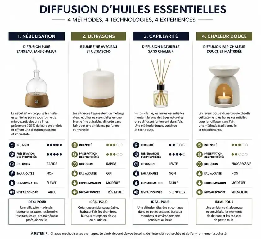Infographie comparative des méthodes pour bien diffuser huile essentielle en toute sécurité.
