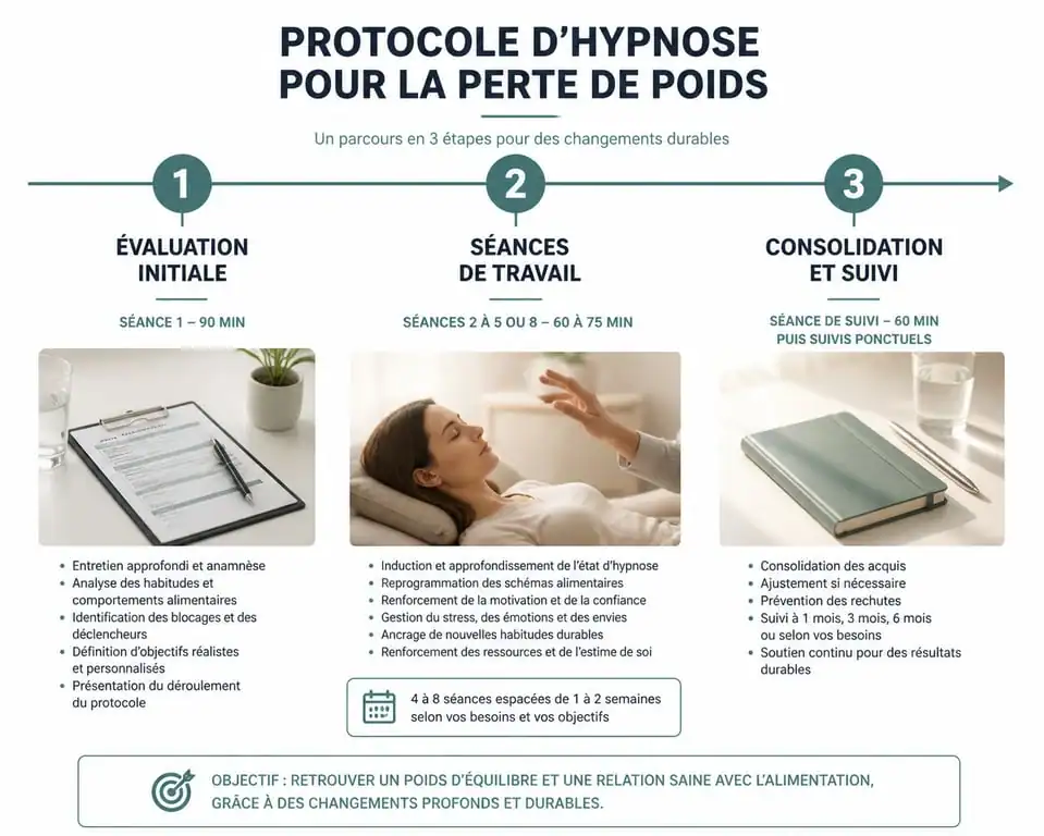 Infographie du déroulement d'un protocole d'hypnose pour maigrir : nombre de séances et étapes clés