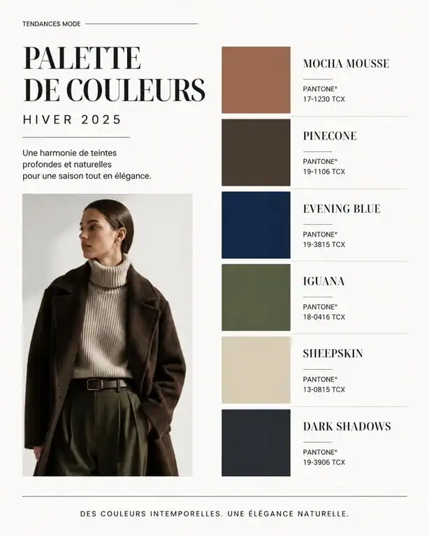 Palette des couleurs tendance mode hiver 2025 avec codes Pantone