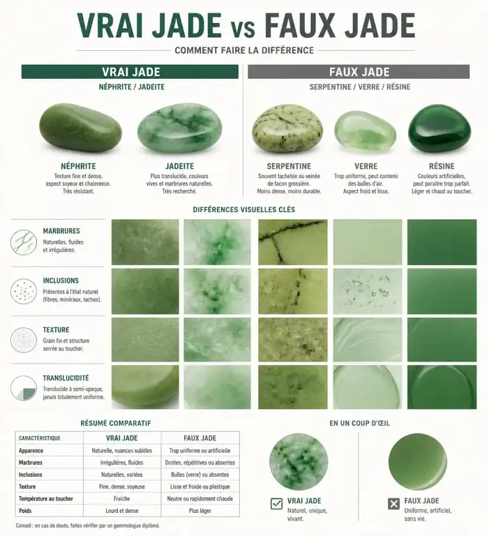Comparatif visuel : vrai rouleau de jade vs imitation pour identifier l'authenticité