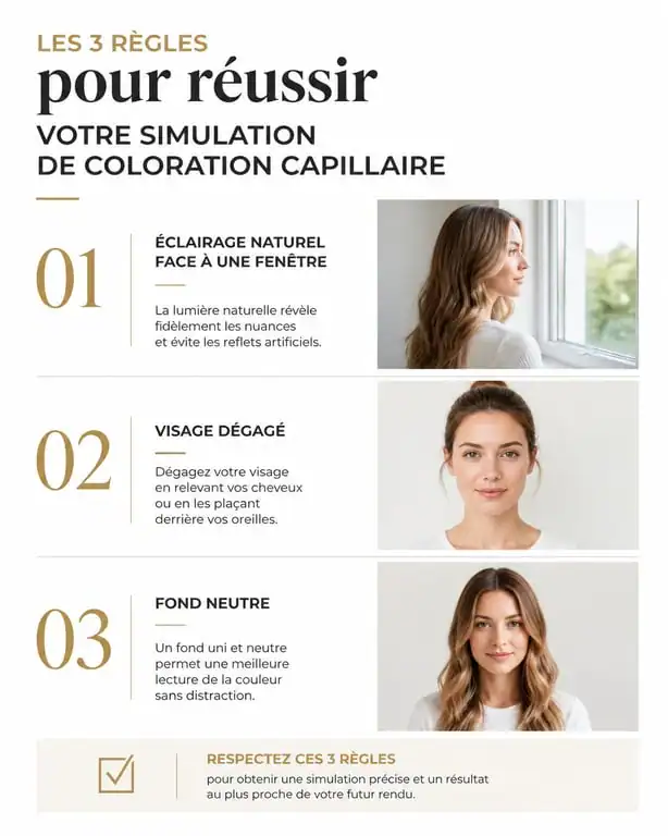 Infographie illustrant les 3 règles pour réussir un test coloration cheveux avec photo
