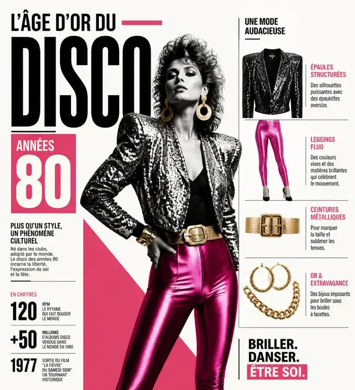 Inspiration mode année 80 disco avec sequins, accessoires dorés et couleurs vives