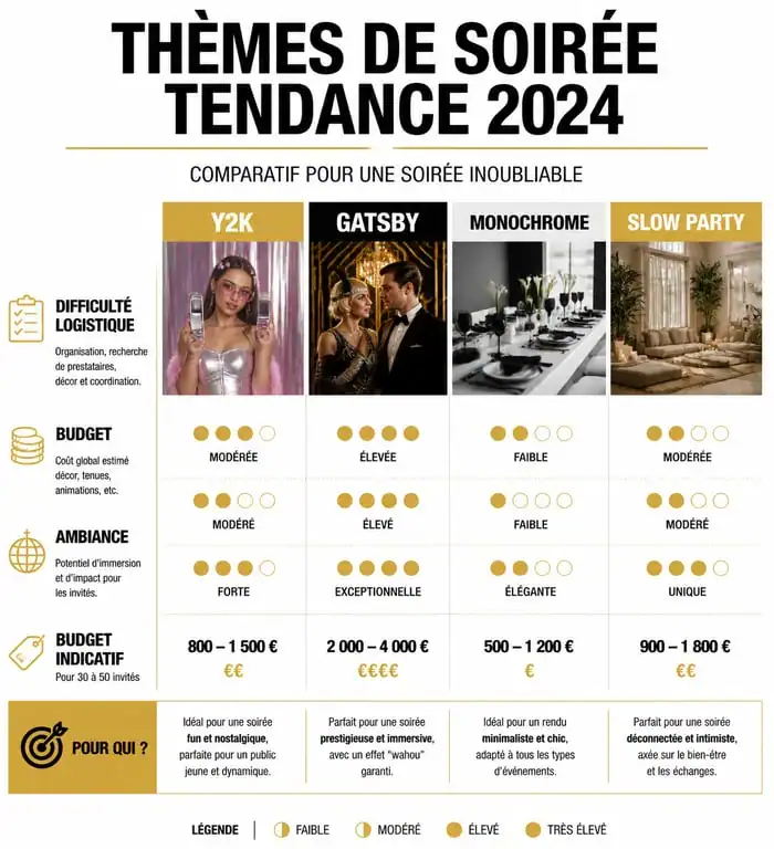 Infographie comparative des thèmes de soirée tendance 2024 pour organiser un événement réussi