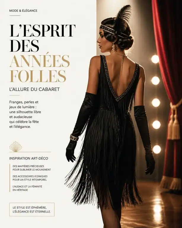 Tenue cabaret élégante style années folles avec robe à franges et accessoires