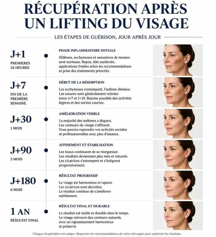 Infographie des étapes de récupération après un lifting du visage