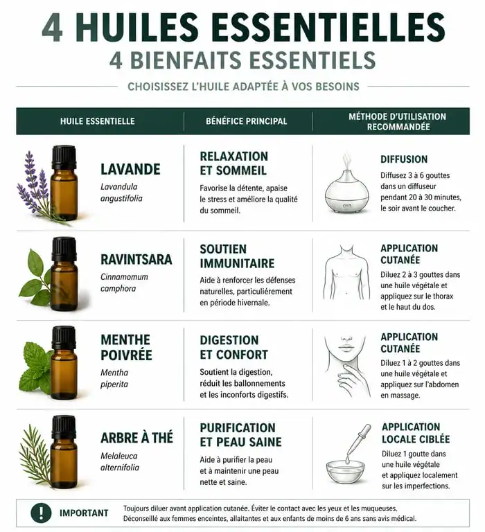 Infographie des propriétés et usages des huiles essentielles Lavande, Ravintsara, Menthe Poivrée et Tea Tree