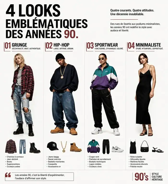 Exemples de tenues année 90 : styles grunge, hip-hop, sportswear et minimaliste pour s'inspirer.