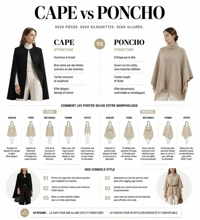Infographie comparative cape et poncho femme pour choisir selon sa morphologie