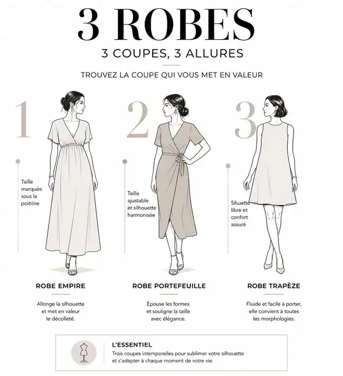 Différents styles de robes pour mettre en valeur une morphologie ronde avec du ventre : robe empire, portefeuille et trapèze.