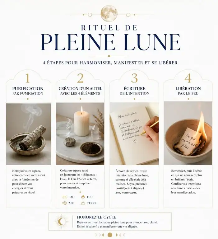 Infographie des étapes d'un rituel de pleine lune pour la manifestation et la libération