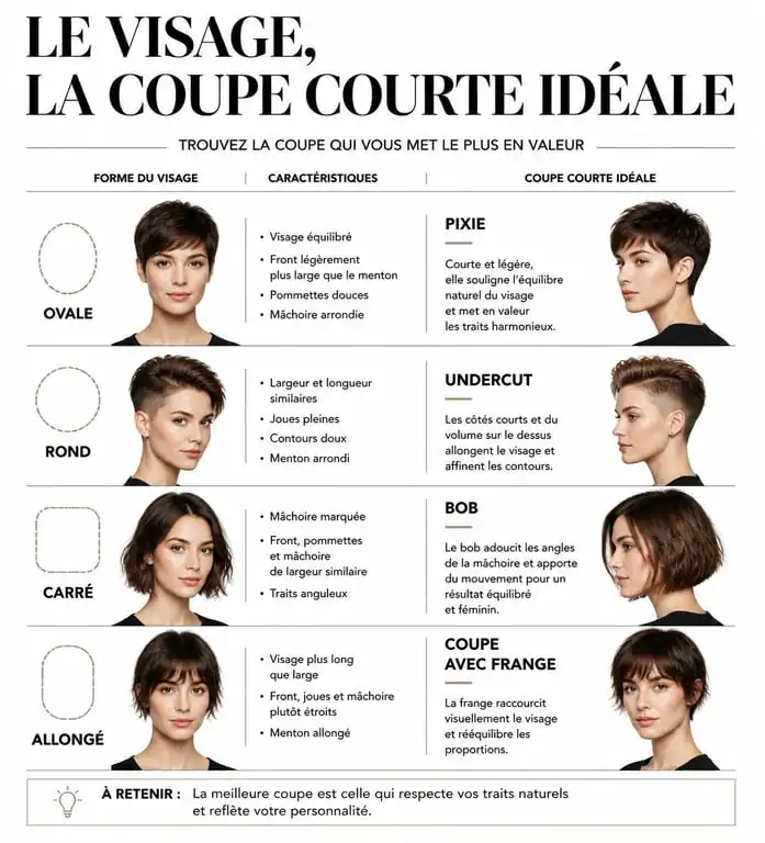 Infographie comparative des coupes très courtes femme nuque rasée selon la forme du visage