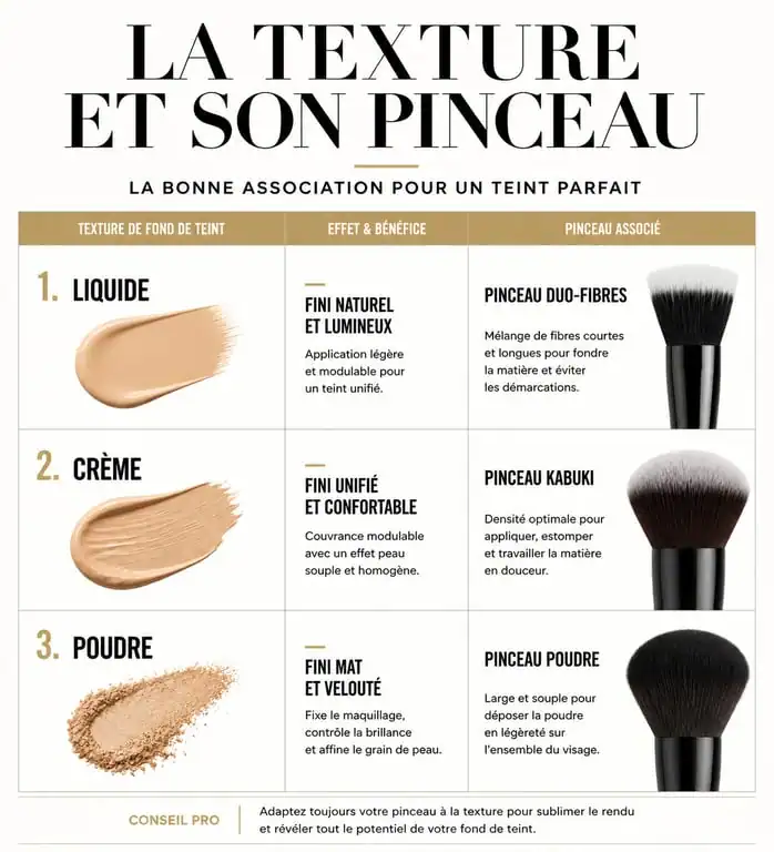 Infographie montrant quel pinceau pour fond de teint choisir selon la texture du produit
