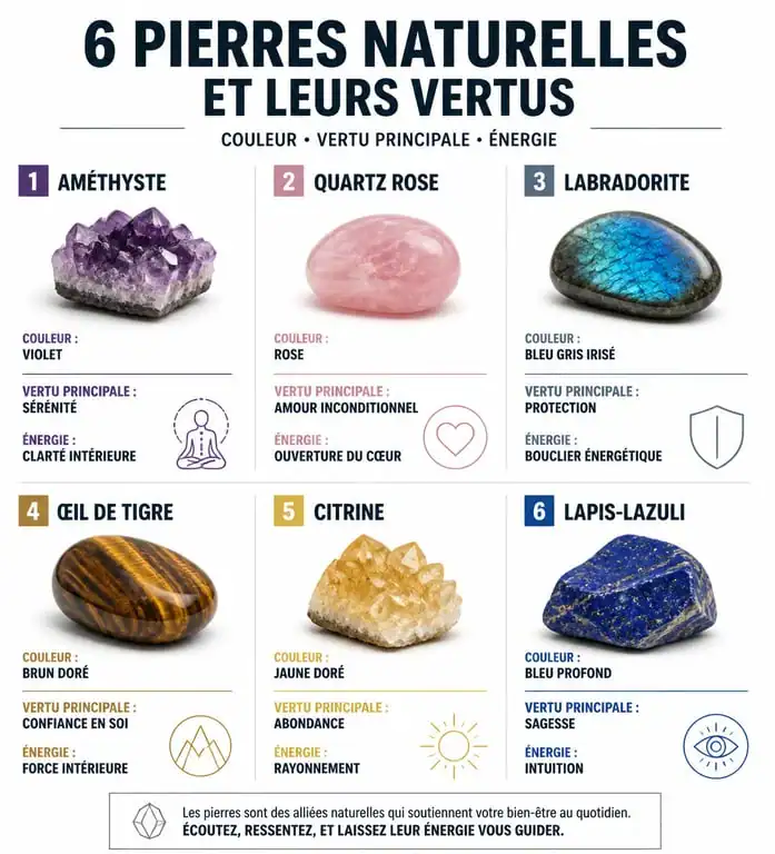 Tableau récapitulatif des vertus et signification des pierres naturelles en lithothérapie