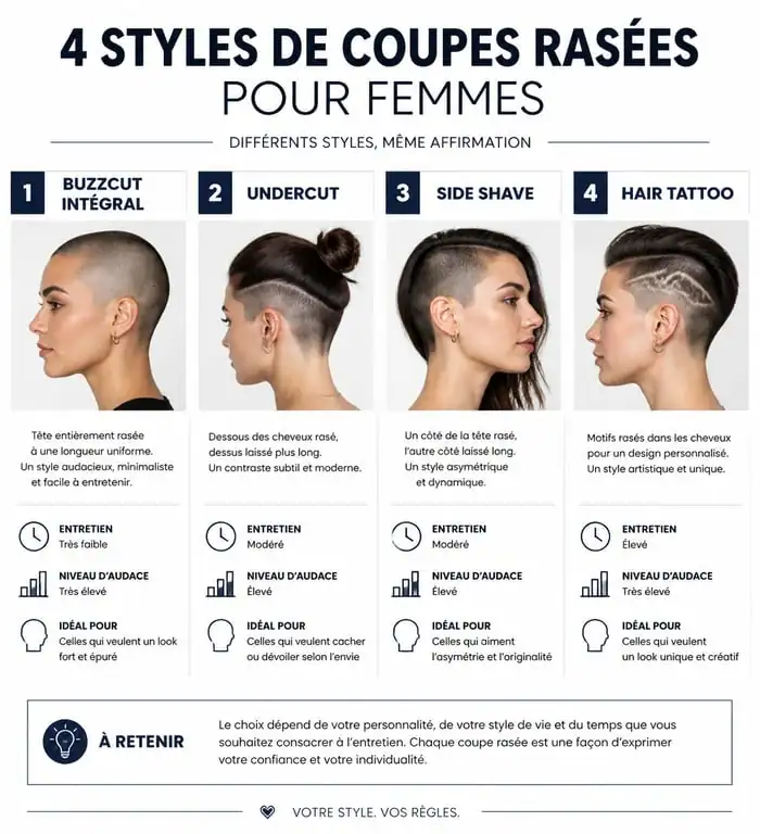 Comparatif visuel des différents styles de coupes rasées pour femmes : buzzcut, undercut et side shave