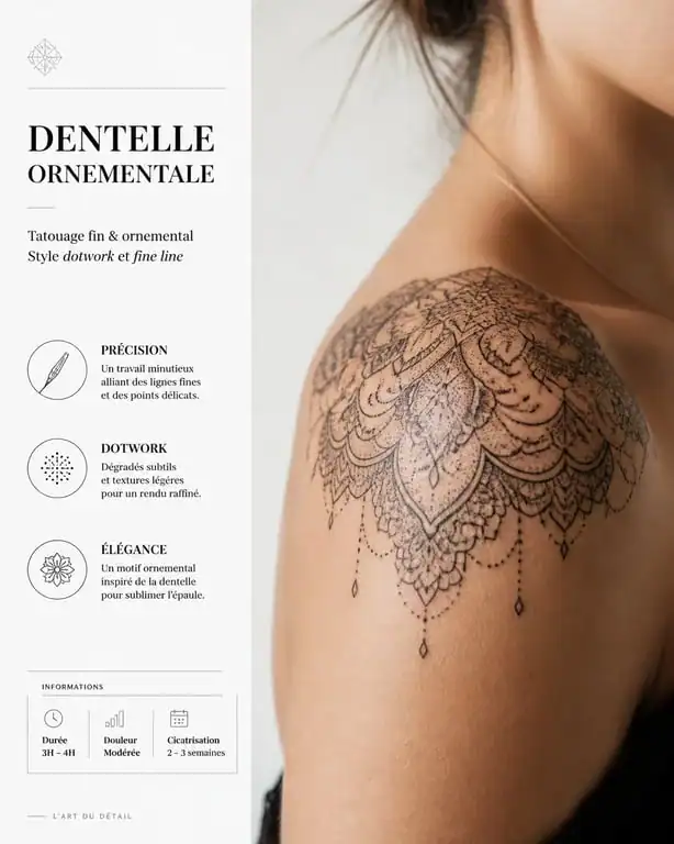 Tatouage épaule femme dentelle style ornemental