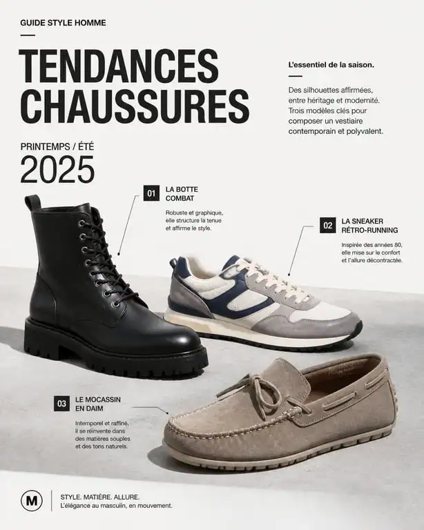Chaussures homme tendance 2025 : sélection de modèles incontournables