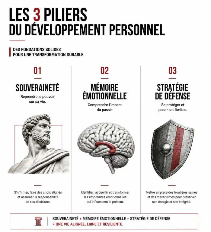 Infographie des trois piliers du fil d'or pour la connaissance de soi et le développement personnel