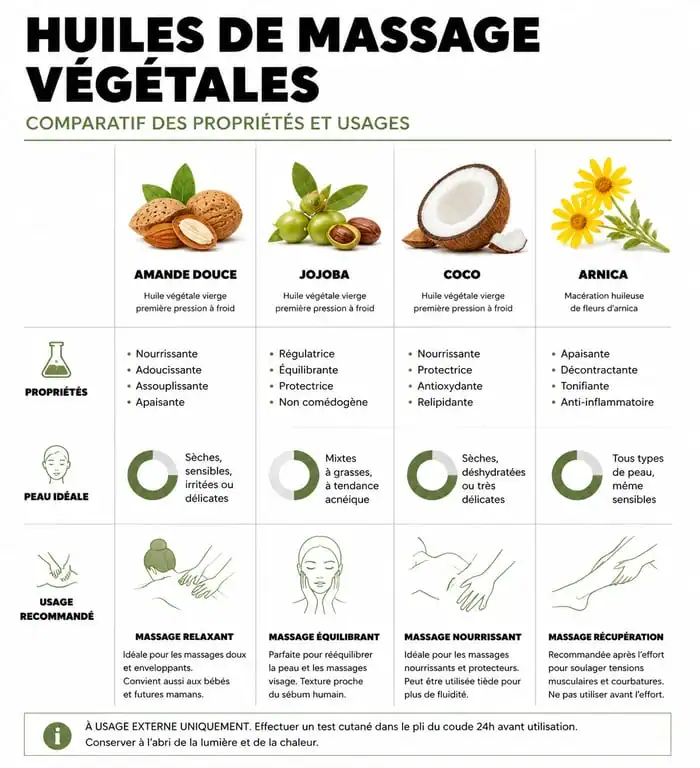 Infographie comparative des meilleures huiles de massage végétales selon le type de peau et les bienfaits