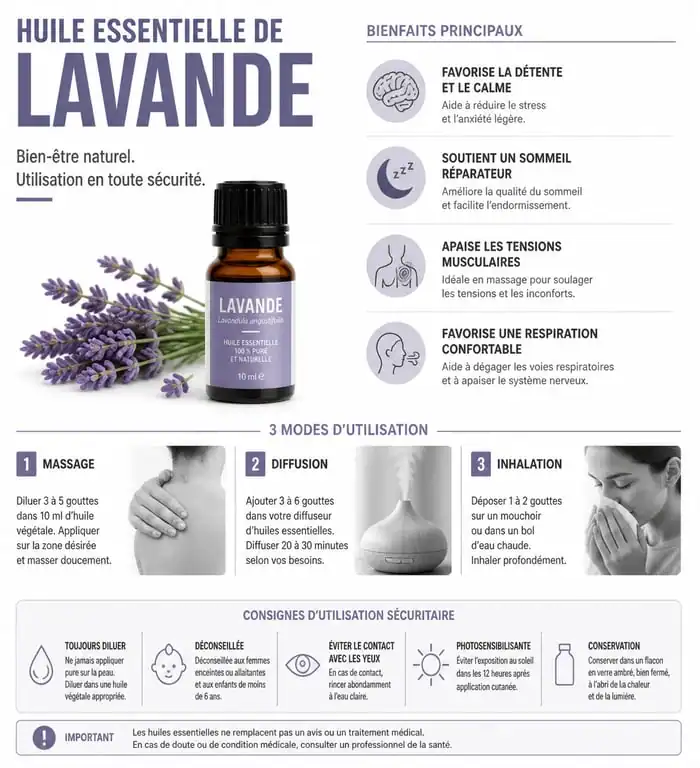 Infographie des bienfaits et conseils d'utilisation de l'huile essentielle de lavande