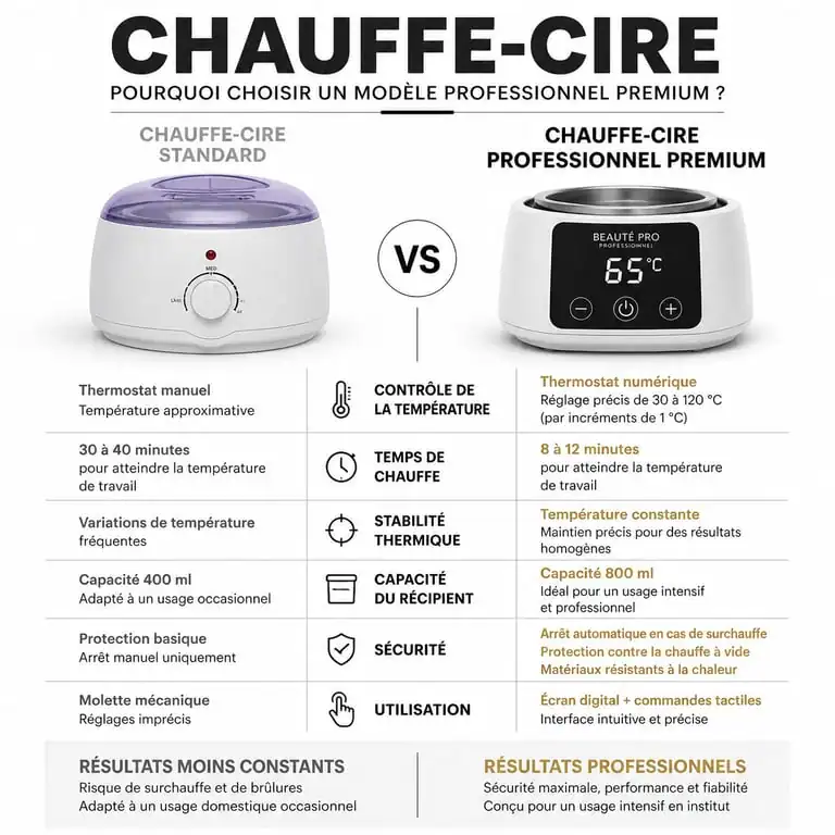 Comparaison des caractéristiques techniques entre un chauffe-cire professionnel premium et un modèle standard pour institut de beauté