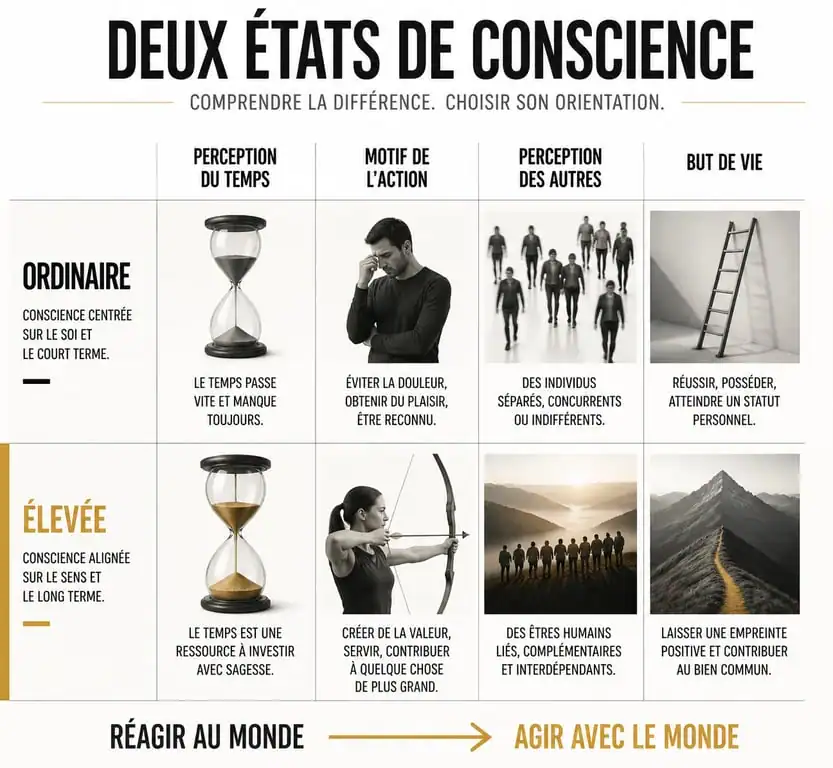 Infographie comparant l'état de conscience ordinaire et l'état de conscience élevé pour l'élévation spirituelle