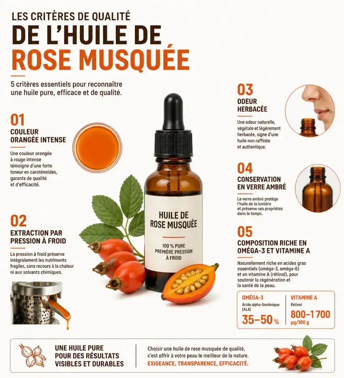 Infographie des critères de qualité pour choisir la meilleure huile de rose musquée