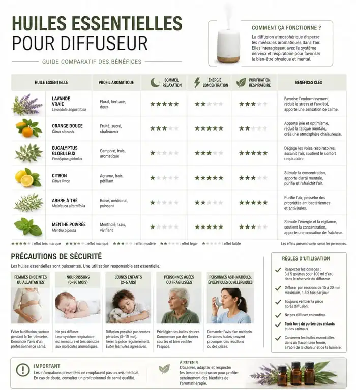 Infographie sur les bienfaits et précautions des huiles essentielles pour diffuseur