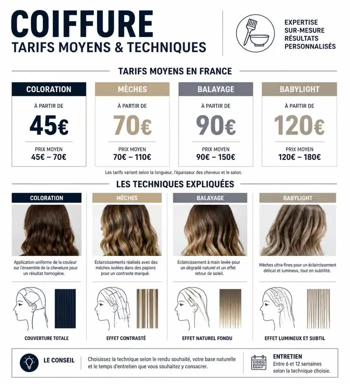 Tableau comparatif des tarifs pour couleur et mèches en salon de coiffure