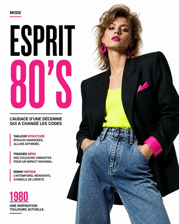 Look année 1980 avec blazer oversize à épaulettes et accessoires colorés
