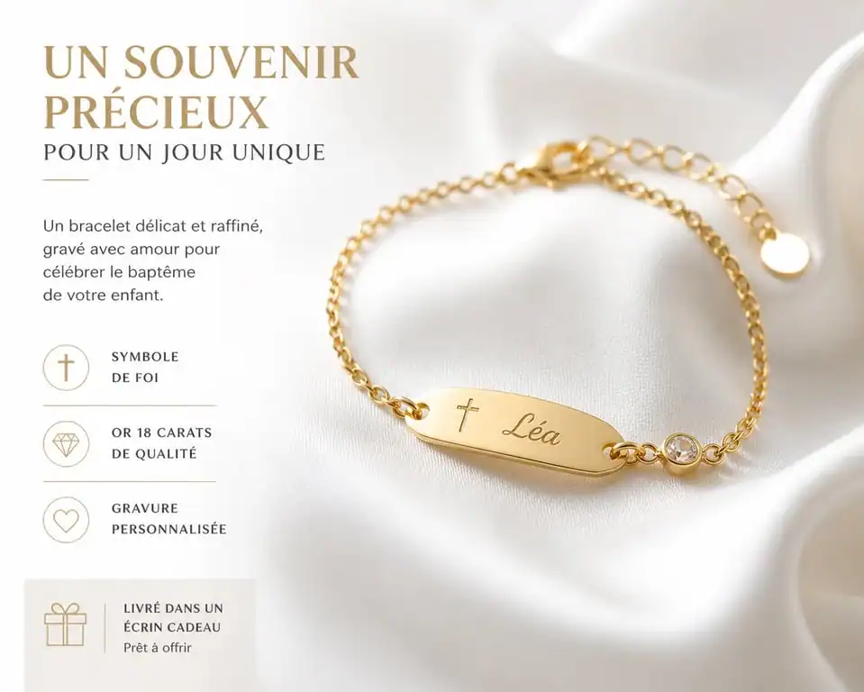 Gourmette pour baptême en or jaune délicatement posée sur un tissu blanc