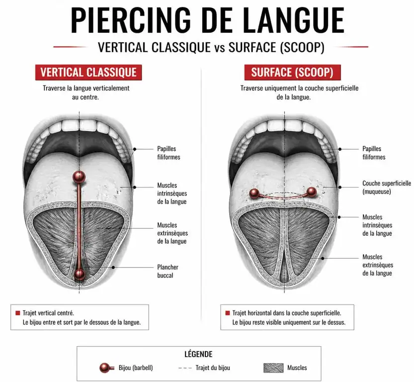 Schéma comparatif du positionnement d'un piercing langue surface (scoop) par rapport à un piercing vertical