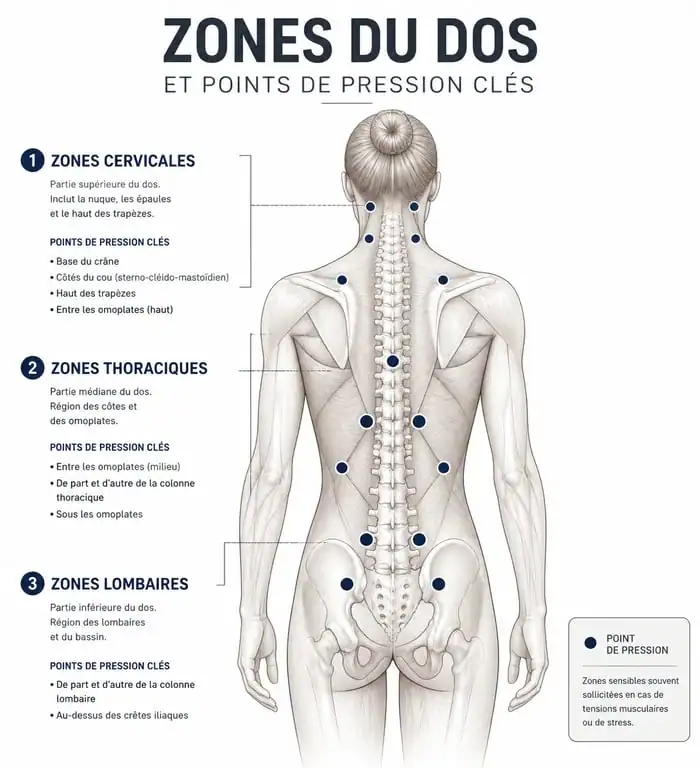 Schéma des zones de massage du dos pour choisir son appareil de massage pour le dos