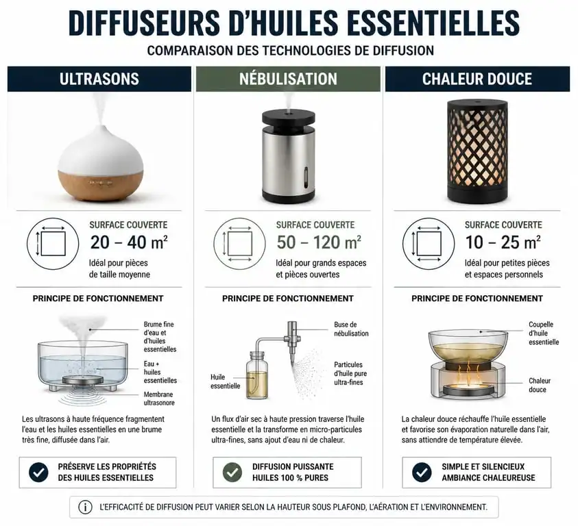 Comparatif des technologies de diffuseur humidificateur d'huile essentielle : ultrasons, nébulisation et chaleur douce.