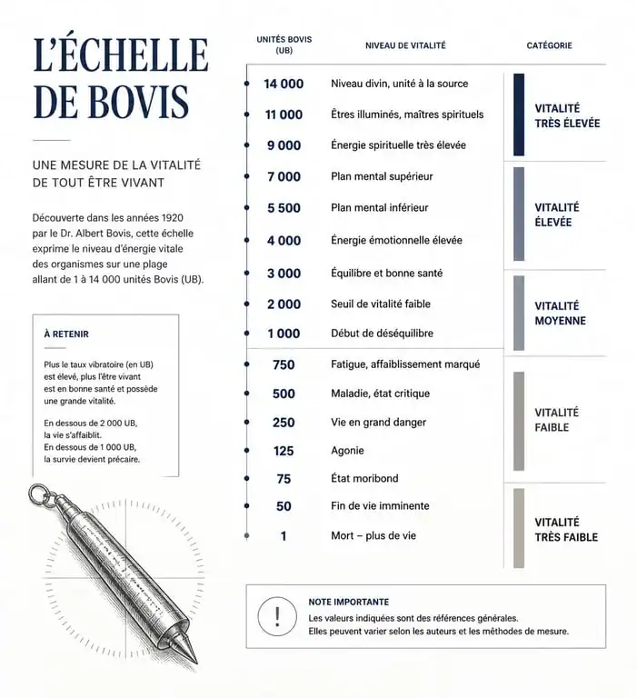 Infographie de l'échelle de Bovis pour mesurer le taux vibratoire et la vitalité énergétique